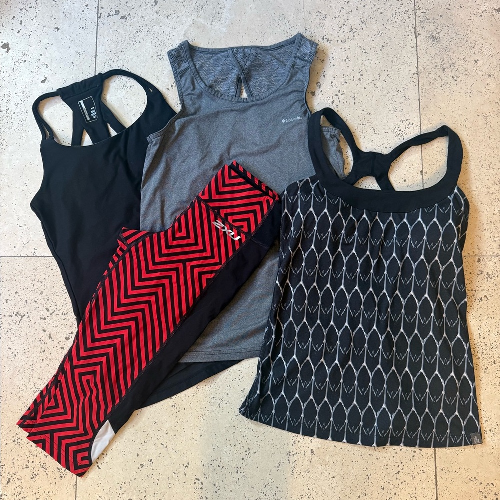 4pc LOT - North Face, Columbia, Mondetta, 2XU, size small tanks and capri tights